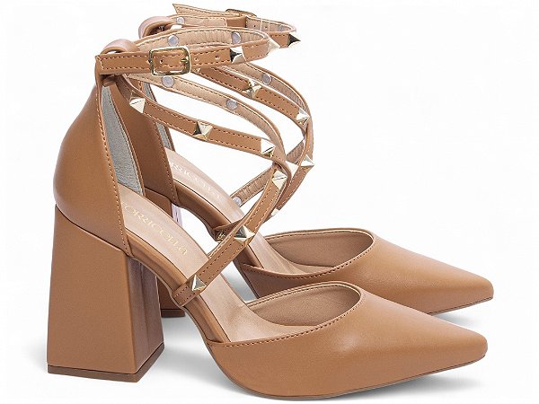 Scarpin Salto Grosso Caramelo Torricella 8,5cm com Apliques Dourados AVS 66077B
