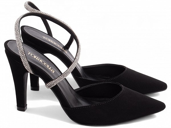 Scarpin Nobuck Preto Strass Prata Torricella Salto Fino Médio 9cm Feminino AVS 67080A