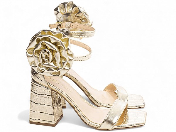 Sandália Feminina Dourada Torricella com Salto Grosso Médio e Flor Removível AVS 201C