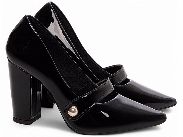 Sapato Scarpin Preto Verniz Salto Quadrado 9cm Detalhe Dourado Torricella AVS 65-13A