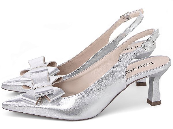 Scarpin Slingback Salto Taça Laço Metalizado Prata Torricella AVS 24.030C