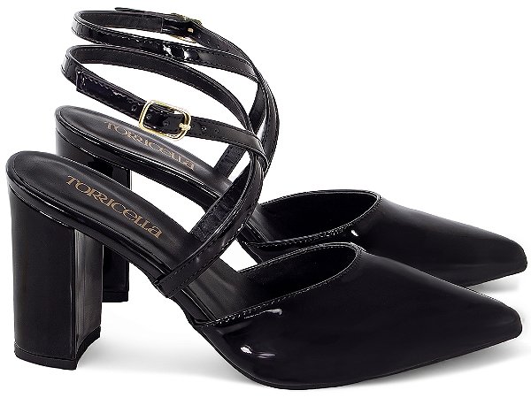 Sapato Scarpin Tira Cruzada Salto Bloco Grosso Verniz Preto Torricella AVS 125-1A