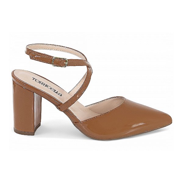 Sapato Scarpin Tira Cruzada Salto Bloco Grosso Verniz Caramelo Torricella AVS 125-1C