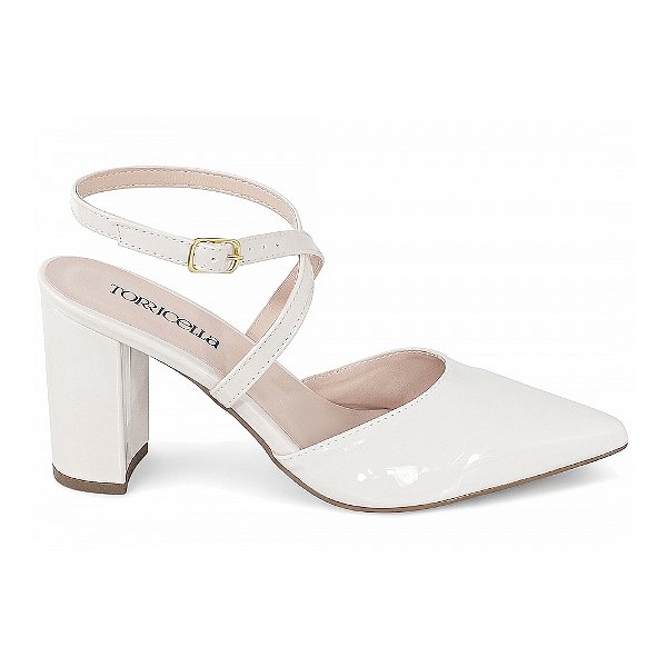 Sapato Scarpin Tira Cruzada Salto Bloco Grosso Verniz Off White Torricella AVS 125-1B