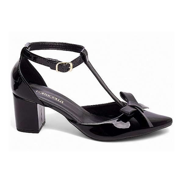Sapato Feminino Salto Grosso Bico Fino com Laço Preto Verniz Torricella AVS 682A