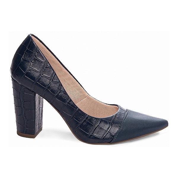 Sapato Scarpin Feminino Torricella Salto Grosso Textura Croco Napa Azul Marinho AVS 65-18G