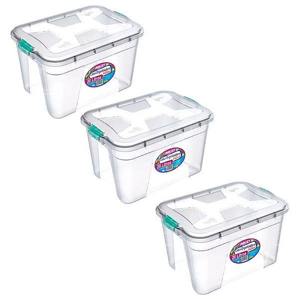 Kit 3 Caixas organizadoras - Linha Transparente - 20 Litros com travas