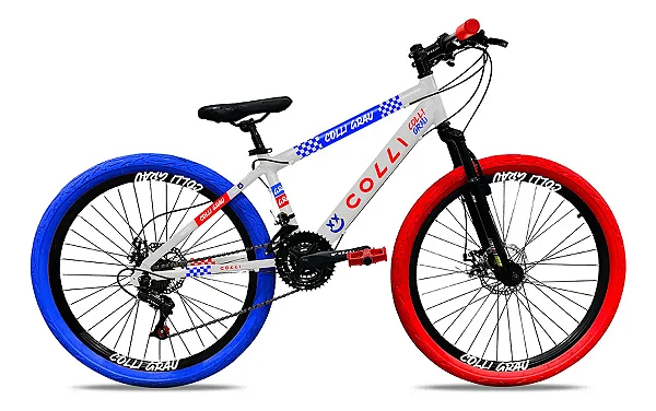 BICICLETA COLLI GRAU ARO 26 AÇO F.DISCO 21V BRANCO COM VERMELHO / AZUL (BIKERNAUTA)