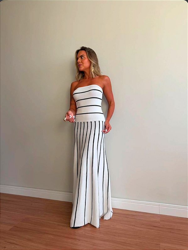 Vestido Tricot Listras - Branco