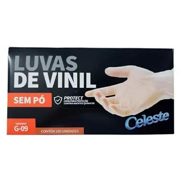 Luvas de Vinil Sem Pó Tamanho G-09 Caixa 100 Unidades Celeste