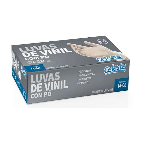 Luvas de Vinil Com Pó Tamanho M-08 Contém 100 Unidades Celeste