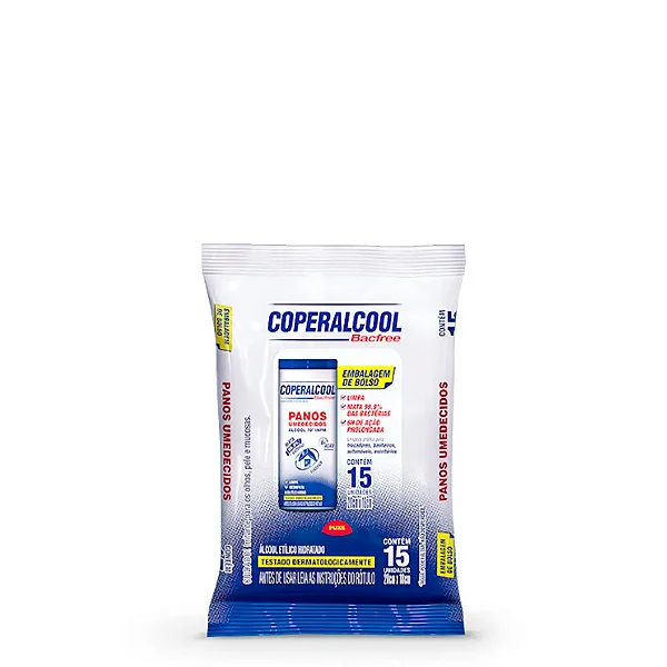 Panos Umedecidos Coperalcool Bacfree 70°INPM Embalagem de Bolso Clássico 15 Panos