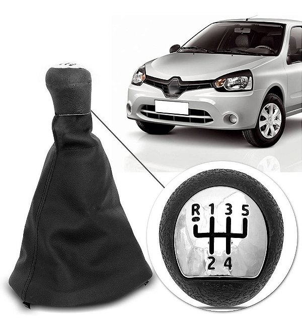 Kit Coifa de Cambio Manopla Clio 2000 a 2016 Preta Courvin com Bola Preta Lente Cromada