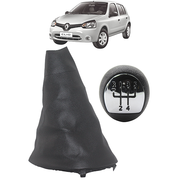 Kit Coifa de Cambio Manopla Clio 2000 a 2016 Preta Courvin com Bola Preta Lente Cromada