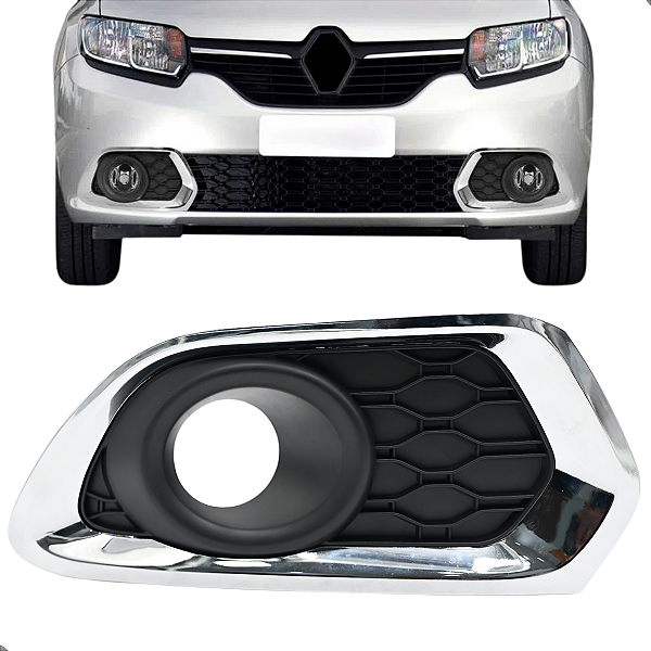 Grade Moldura Farol Milha Sandero Cromada 2014 2015 2016 2017 18 19 2020 Cromado Com Furo