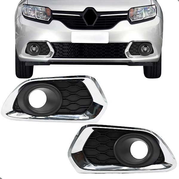 Par Grade Moldura Milha Sandero 2014 2015 2016 2017 2018 2019 2020 Cromado Com Furo