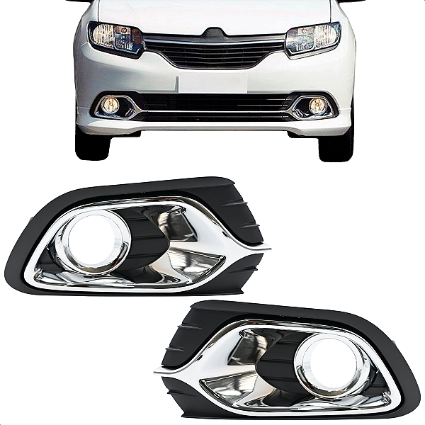 Par Moldura Grade Farol Milha Sandero 2014 15 16 17 18 19 2020 C/Furo Cromado