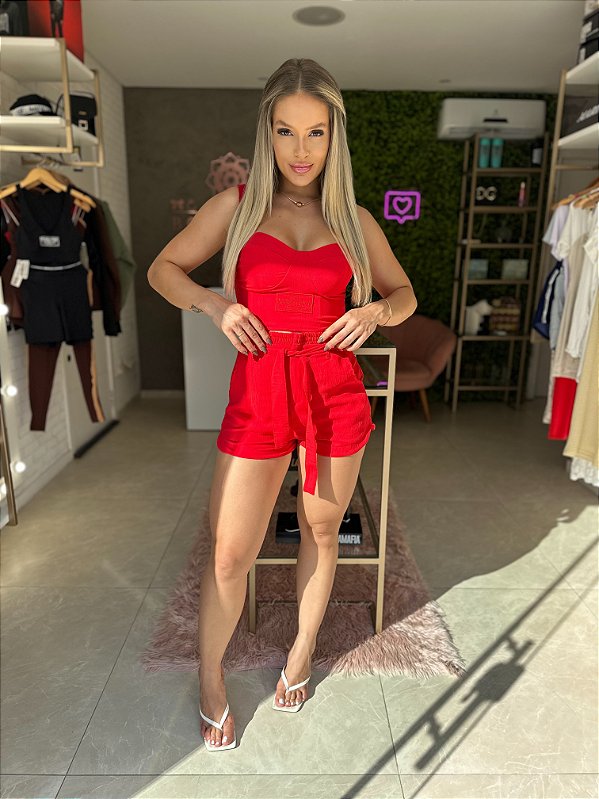 Conjunto Cropped e Short Royal Red Maria Gueixa