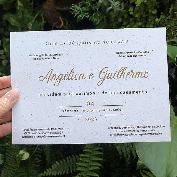 Convite de casamento 19x14 cm em papel semente