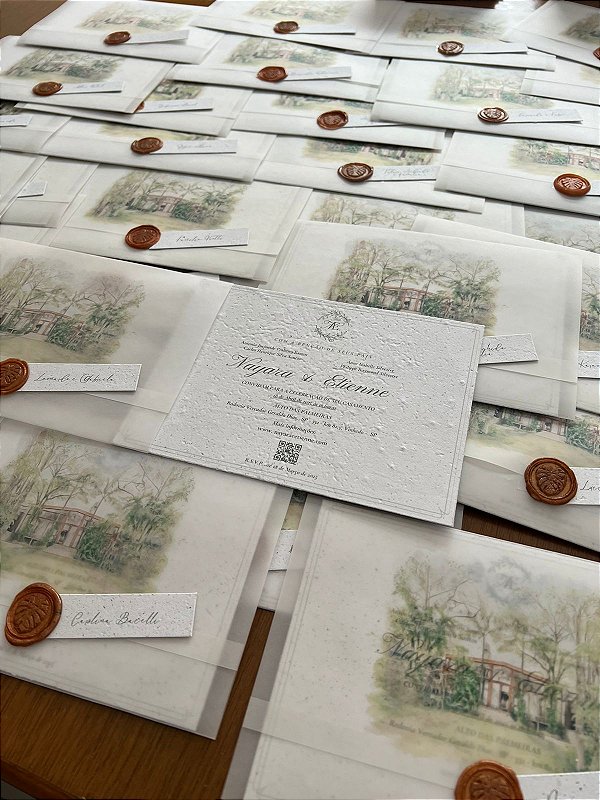 Convite de casamento 14x20cm com envelope personalizado + tags nominais + lacre de cera