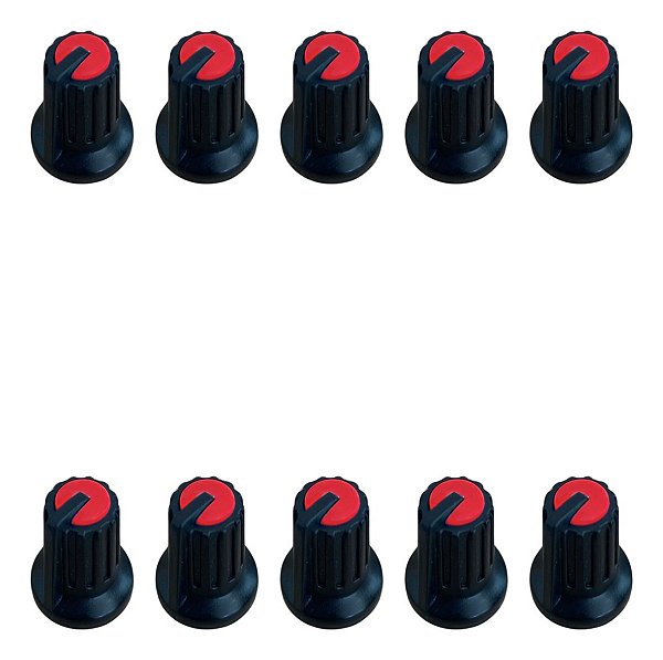 Kit 10 Knob Ka481 Para Potenciômetro Rotativo Eixo Estriado 6mm Preto Vermelho