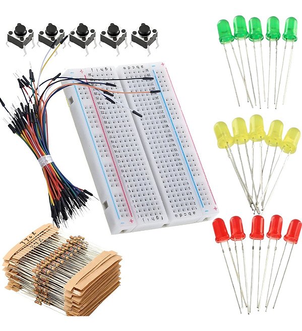 Kit Protoboard 400 Pontos + 100 Resistores 15 Leds 5 Botôes 65 Jumpers Arduino Raspberry Pi