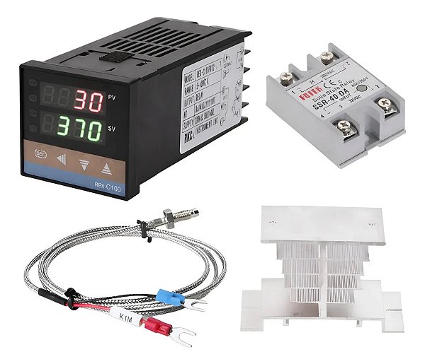 Kit Controlador Temperatura REX-C100 PID Completo com SSR 40DA Termopar Tipo K Dissipador Bivolt