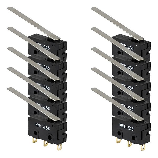 Kit 10 Chave Micro Switch Kw11-3z 5a Com Haste Longa 56mm Preto