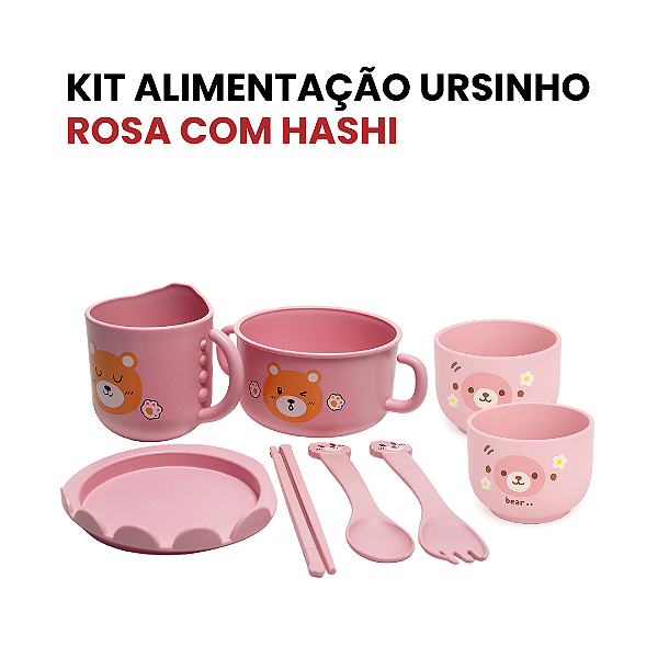 Kit Tigela Alimentação Ursinho Rosa Com Hashi Criança