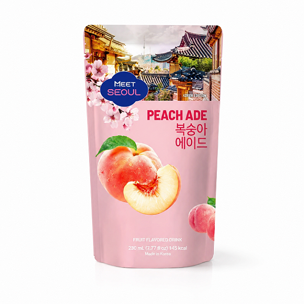 Bebida Coreana Sabor Pêssego Suco Refresco Meet Seoul Saquinho Sachê 230ML