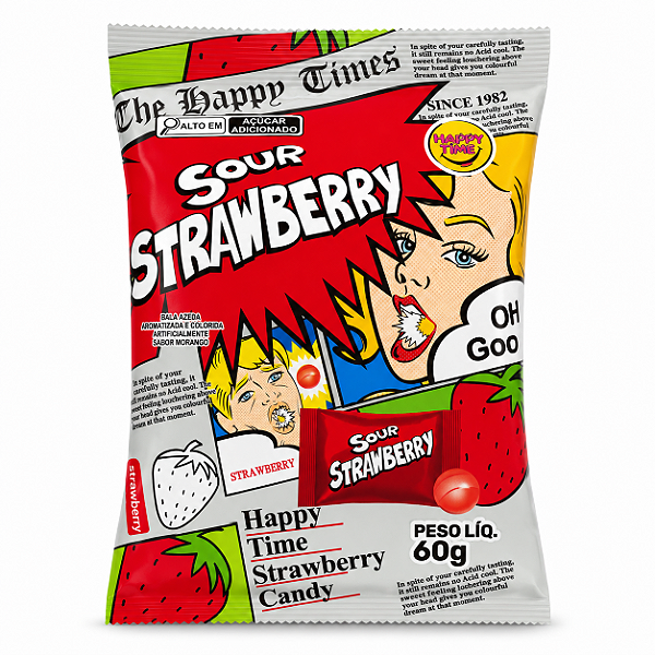 Bala Azeda Sour Strawberry Morango Happy Time 60g