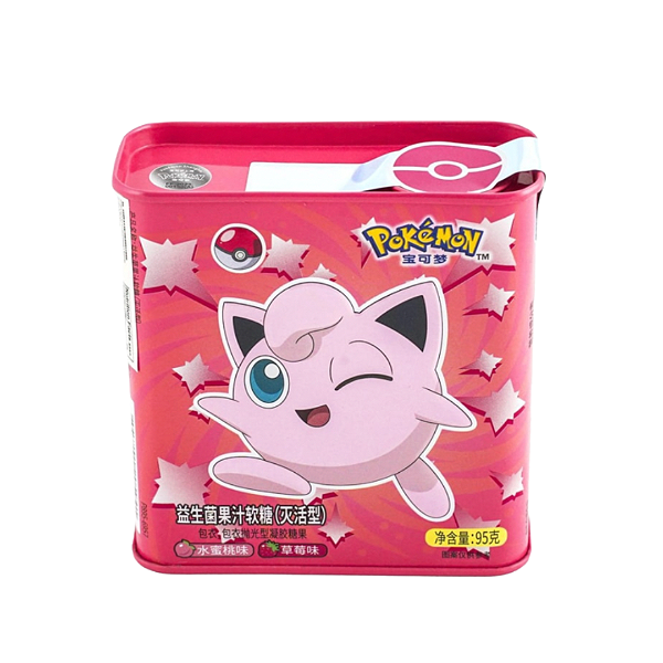 Bala de Goma em Lata Pokémon Jigglypuff Morango e Pêssego 95g