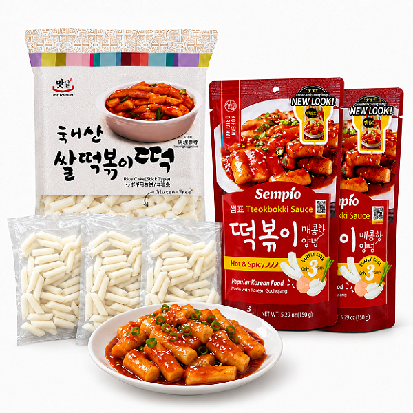 Kit Topokki Original Bolinho de Arroz Coreano Tteokbokki com Molho Hot & Spicy
