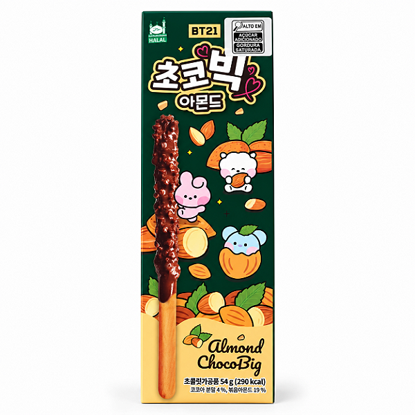 Biscoito Coreano em Palitos Coberto de Chocolate e Amêndoas BT21 Almond Chocobig 54g