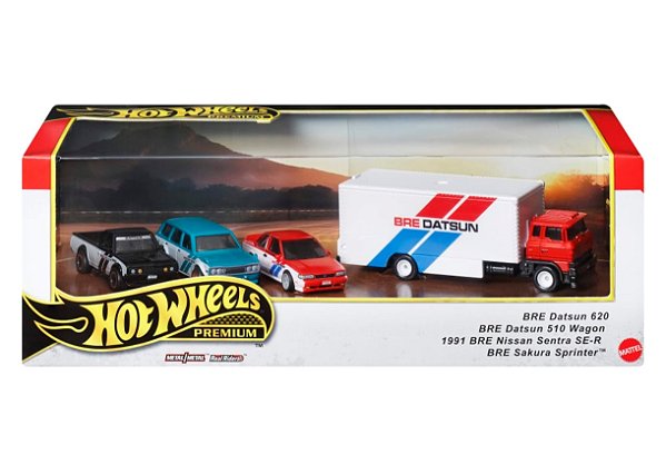 BRE Datsun 620, BRE Datsun 510 Wagon, 1991 BRE Nissan Sentra SE-R e BRE Sakura Sprinter - HRT52 | BRE Datsun | Hot Wheels Premium