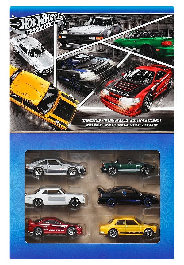 82 Toyota Supra, '91 Mazda MX-5 Miata, Nissan Skyline HT 2000GT-X, Honda Civic Si, Custom '01 Acura Integra GSR e '71 Datsun 510 | Japanese Car Culture (JBY77) | Themed Multipacks 2025 | Hot Wheels Silver Series