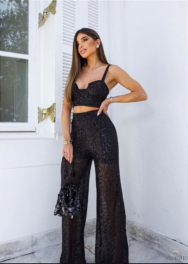Calça Pantalona Feminina em Paetê