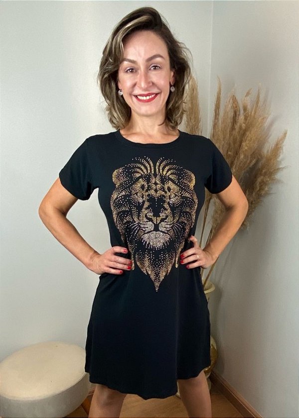Vestido Em Malha Preto Leão Dourado Pedraria