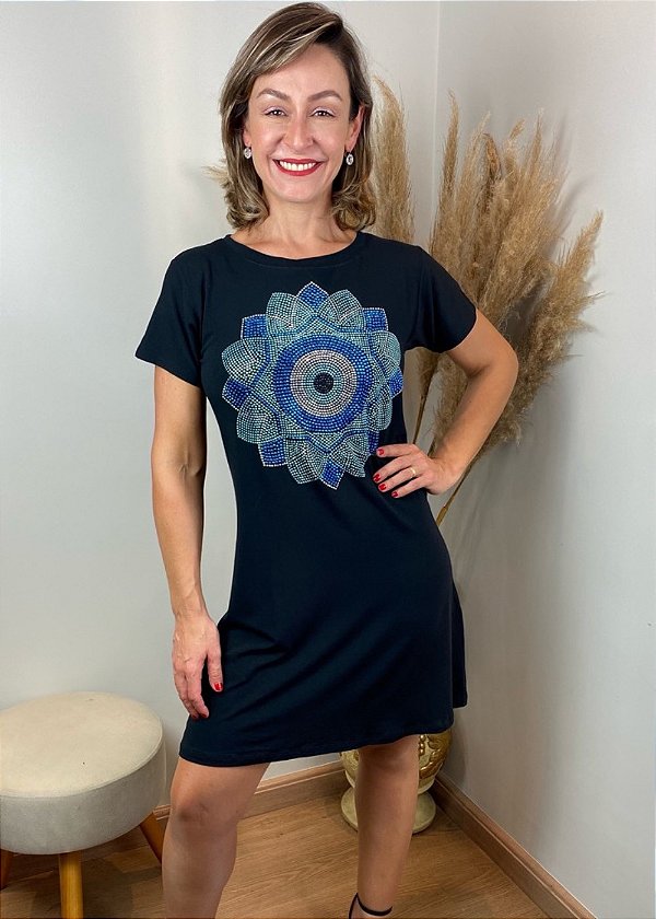 Vestido Em Malha Preto Mandala Olho Grego Azul Pedraria