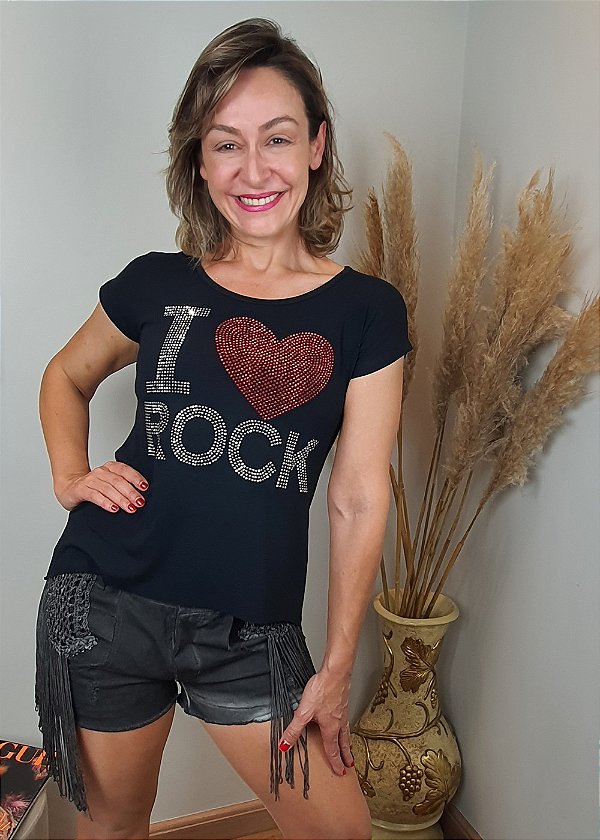 T-shirt Feminina Preta I Love Rock Pedraria