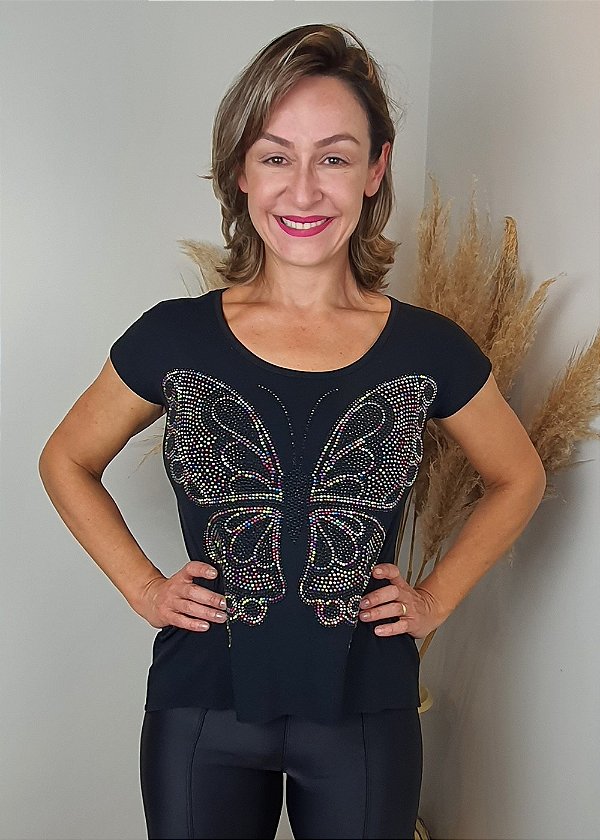 T-shirt Feminina Preta Borboleta Colors Pedraria
