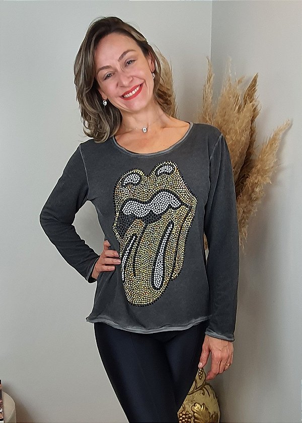 Moletinho Feminino Estonado Rolling Stones Dourado Pedraria