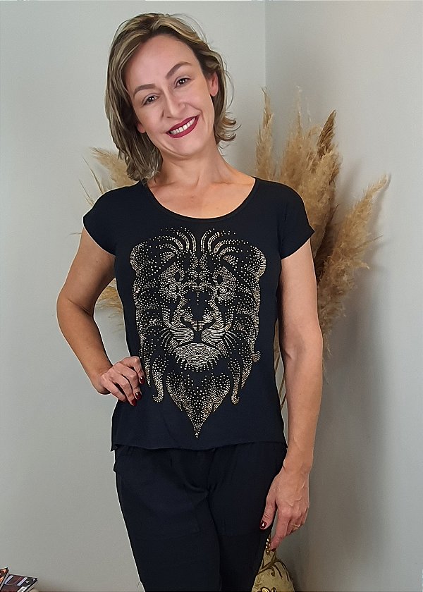 T-shirt Feminina Preta Leão Dourado Pedraria