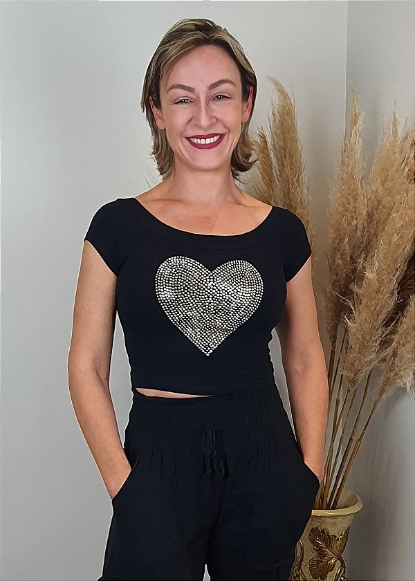 Cropped Feminino Preto Coração Dourado Pedraria