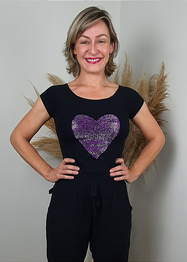 Cropped Feminino Preto Coração Roxo Pedraria