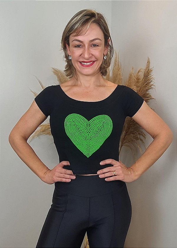 Cropped Feminino Preto Coração Verde Pedraria