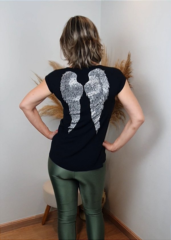 T-shirt Feminina Preta Asa de Anjo Prata Pedraria