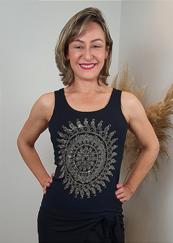 Regata Feminina Preta Mandala Do Sol Dourada Pedraria