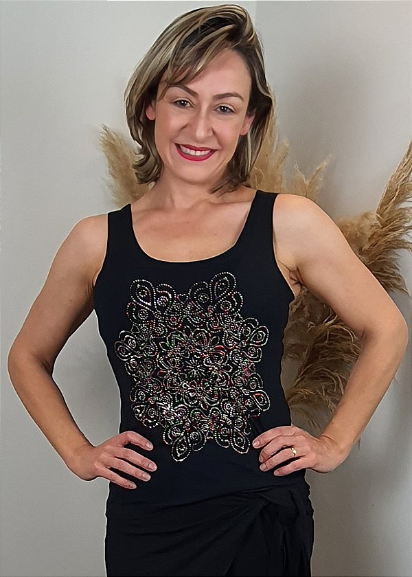 Regata Feminina Preta Mandala Flor Colors Pedraria