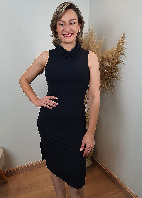 Vestido Midi Canelado Gola Boba Regata Forrado Preto